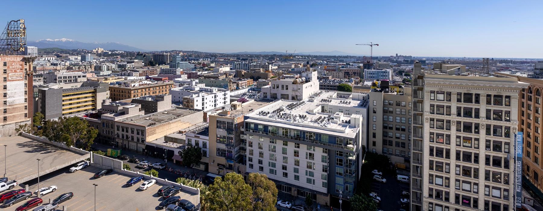 Marley Lofts overhead view with city